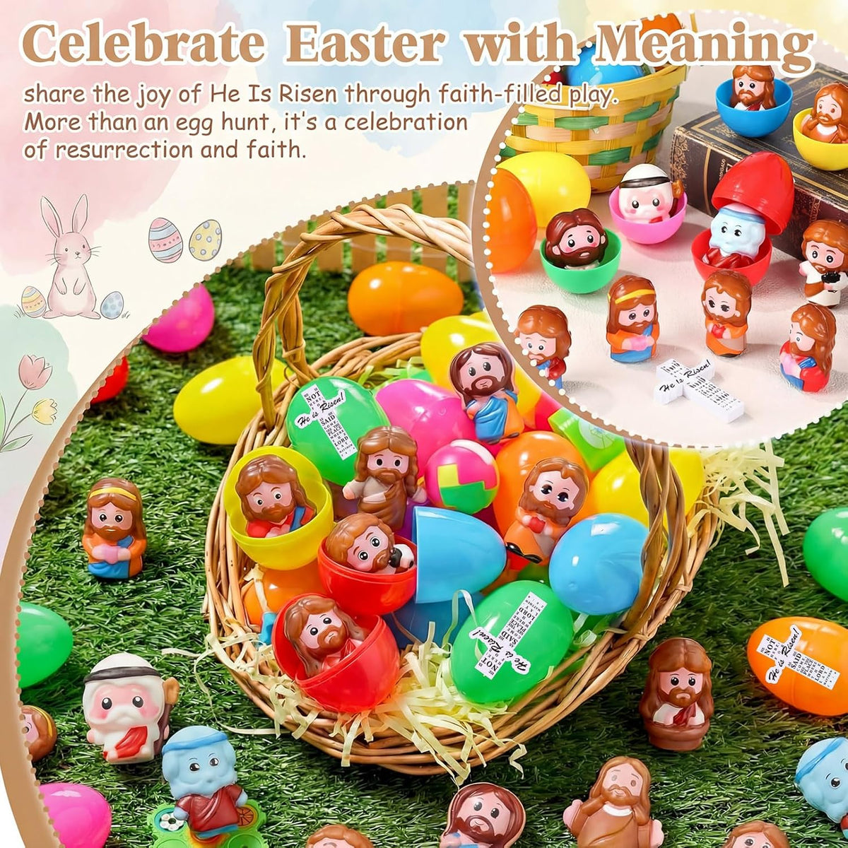 Novabright Easter Egg Set - 36 Colorful Eggs with Jesus Figures & Scripture Stickers | Perfect for Church Hunts