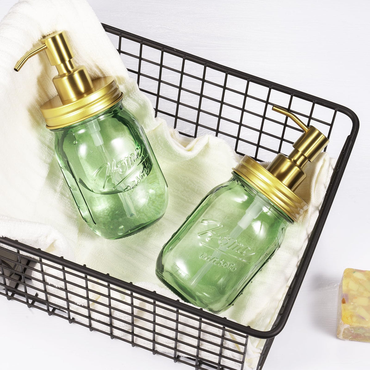 Amolliar Mason Jar Liquid Soap Dispenser, 16OZ Green Glass Hand Soap Holder, Stainless Steel Pump Lid, Refillable Lotion Dispenser, Countertop Bathroom Accessories, Kitchen Dish Soap (2 Pack, Gold)