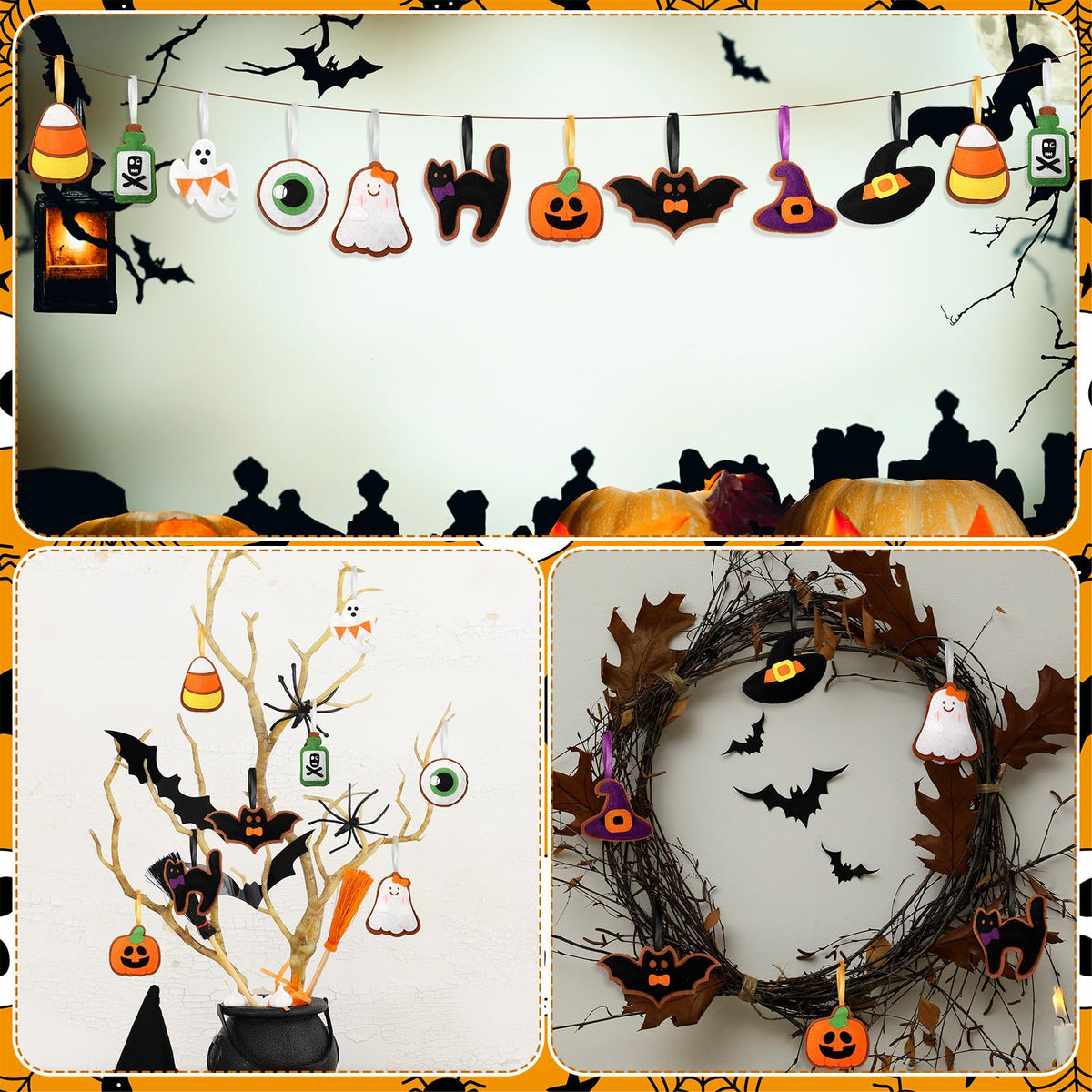 Breling 20 Pcs Halloween Felt Ornaments 3D Halloween Tree Hanging Decorations 3.15 Inch Ghost Bat Pumpkin Black Cat Witch Hat Felt Ornaments for Garland Banner Mantle Wall Party Decor
