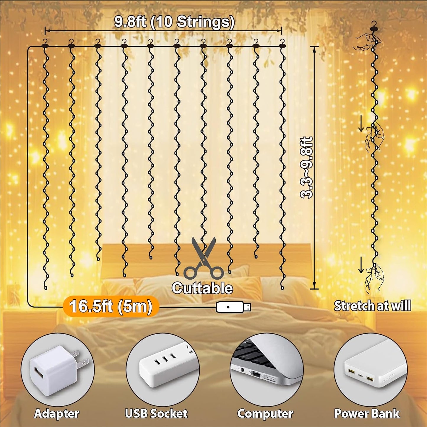 Skiennix Warm White Curtain Light - 300 LED Fairy String Lights | 9.8ft x 9.8ft with Remote & Hooks