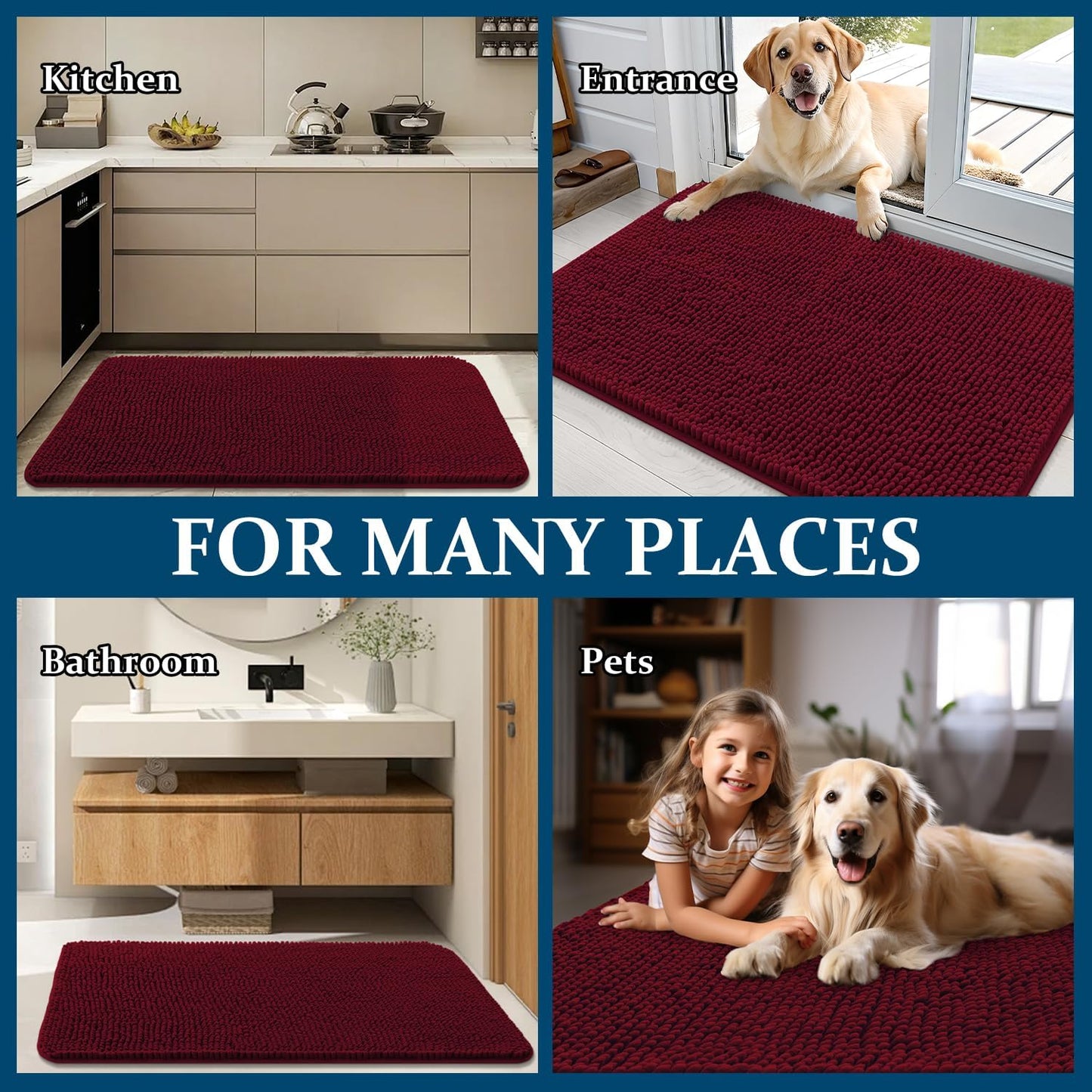OLANLY Dog Door Mat - Absorbent Non-Slip Washable Doormat for Muddy Paws | 59x35 Inches, Burgundy