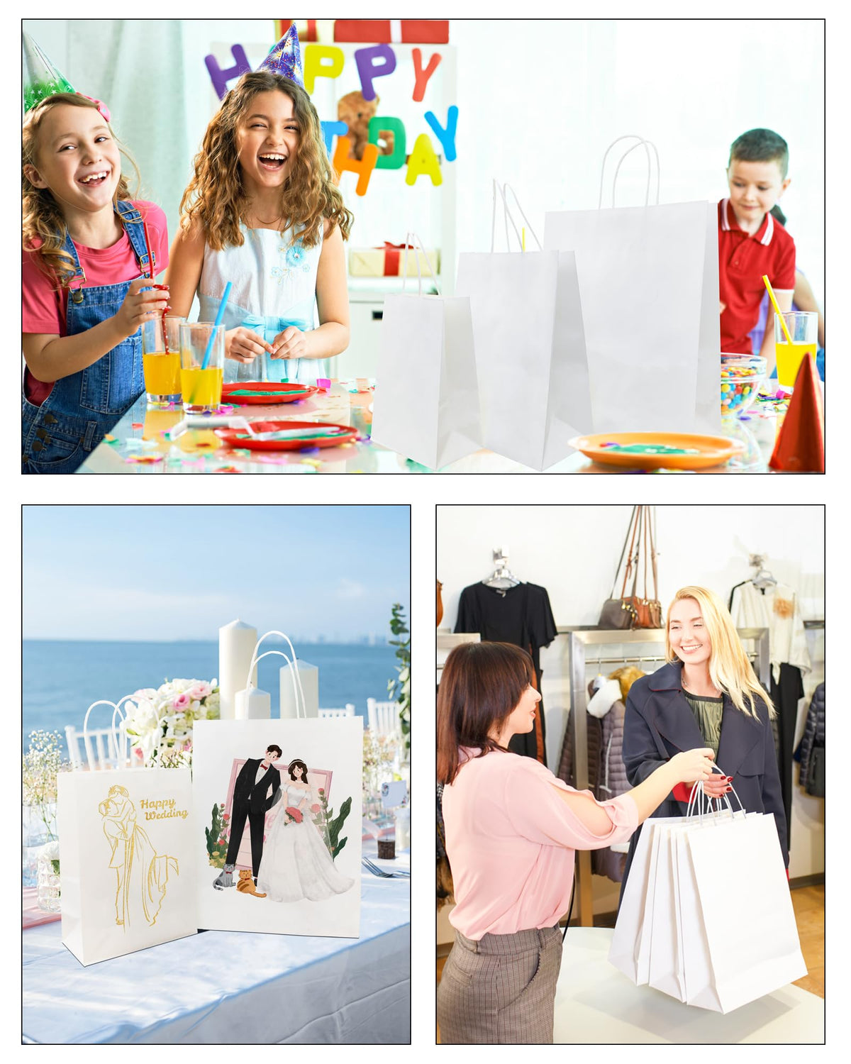 BAG BOX 100 Pack 8.25x4.3x10.6 Inch White Gift Bags with Handles,Bulk Kraft Paper Bags for Shopping, Retail, Merchandise, Wedding, Party Favors, Paper Grocery Sacks
