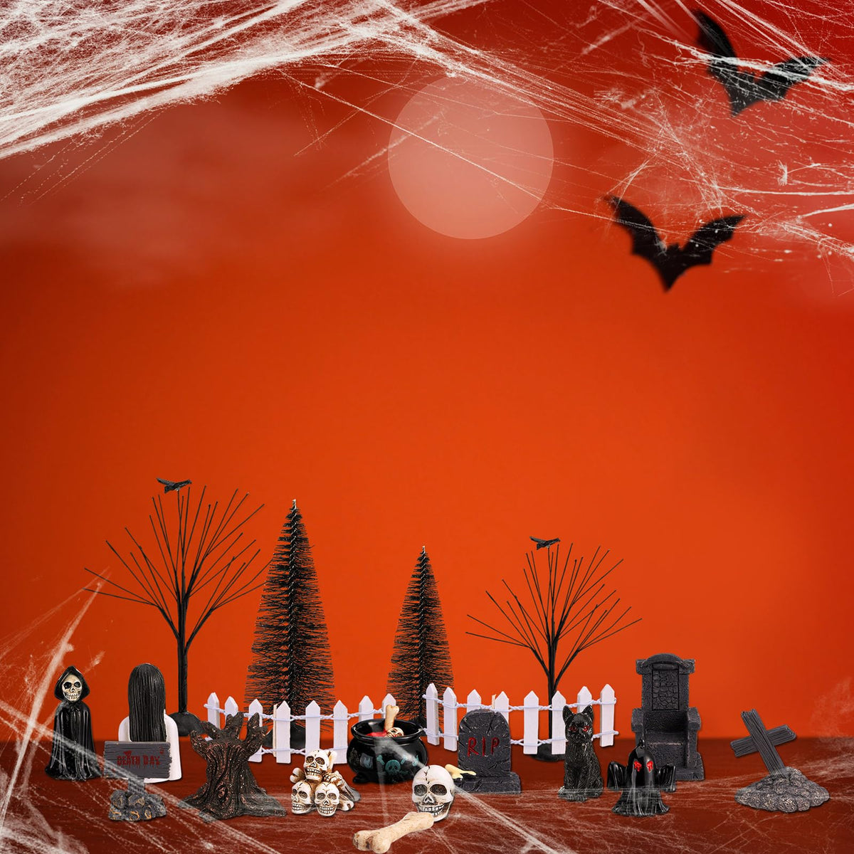 Liliful 32 Pcs Halloween Village Miniature Town Accessories Set Halloween Figurines Spooky Bare Branches Tombstones Skeleton Skulls Resin Horror Village Collections for Party Town Decorations