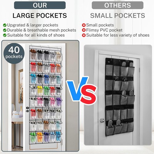 Hualleko Over The Door Shoe Organizer - Large Capacity Mesh Pocket Rack for 20 Pairs (White)