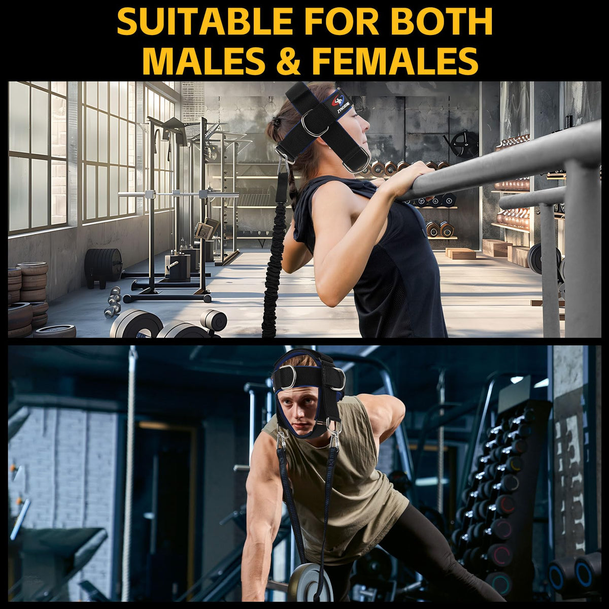 Fitness Neck Head Harness Trainer, Adjustable Chin Strap and Head Harness Strength with Nylon Tether, Neoprene Neck Exerciser for Weight Lifting, Home and Gym Use, Black