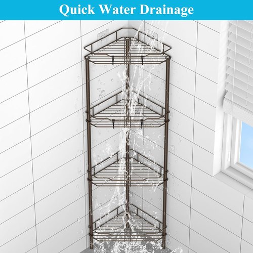 HuggieGems 4-Tier Floor Standing Corner Shower Caddy Organizer - Bronze Bathroom Shelf with Hooks