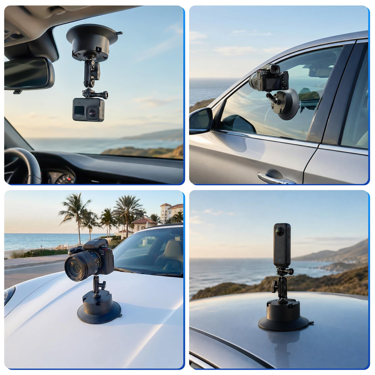 Jakenfou 6" Electric Camera Suction Cup Mount Kit with Display, 5KG Max, 1-Week Battery for Action Camera/Phone on Car/Windshield