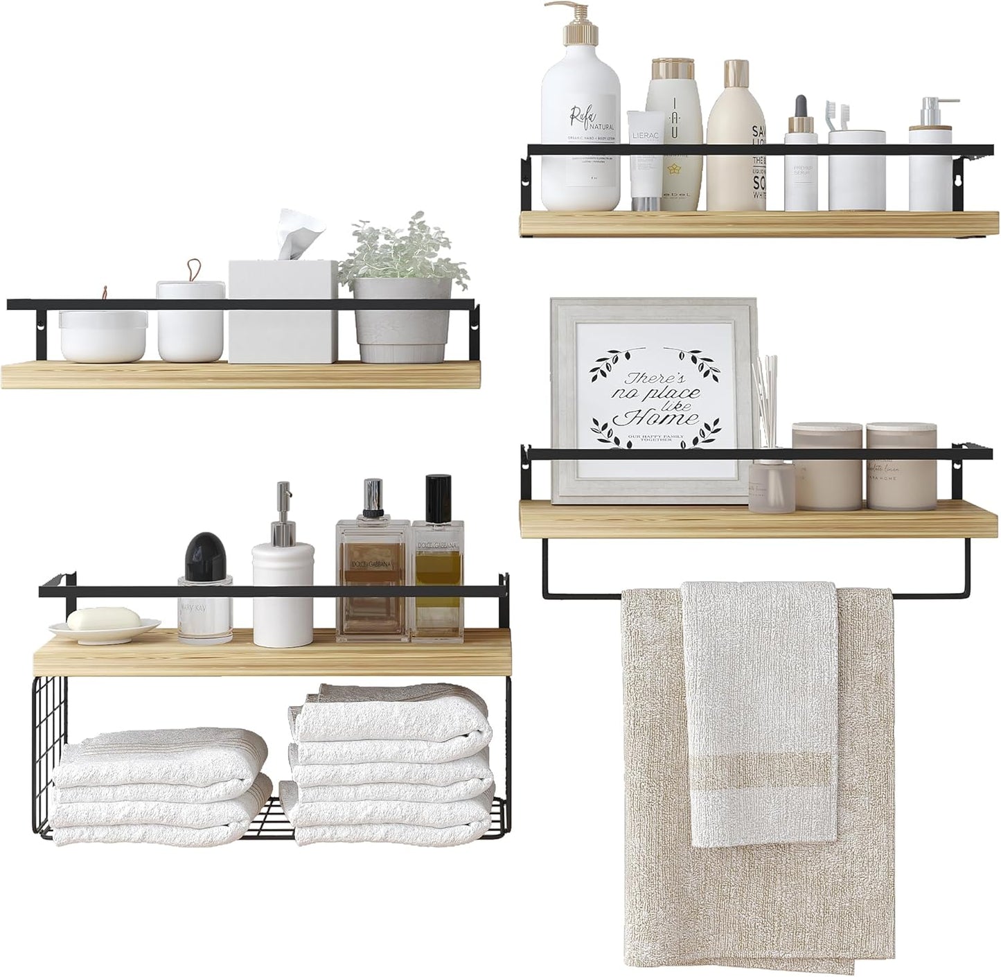 Wood Floating Shelves - 4-Tier Rustic Wall Mounted Shelves with Wire Basket & Towel Bar | Farmhouse Decor
