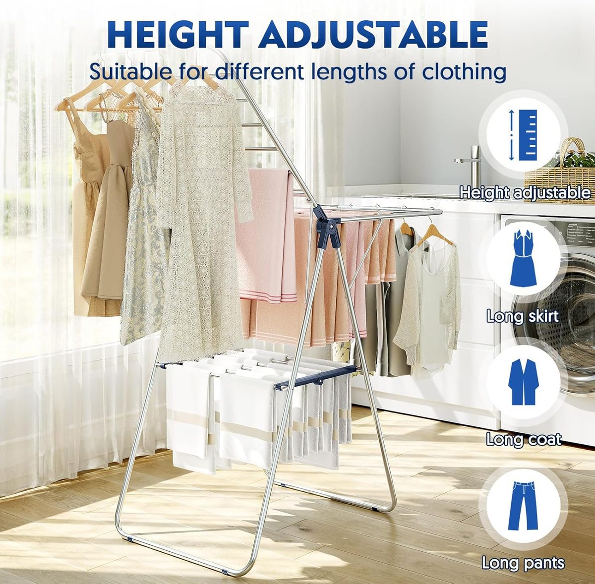 APEXCHASER Stainless Steel Clothes Drying Rack - Height-Adjustable & Foldable | Indoor/Outdoor Use