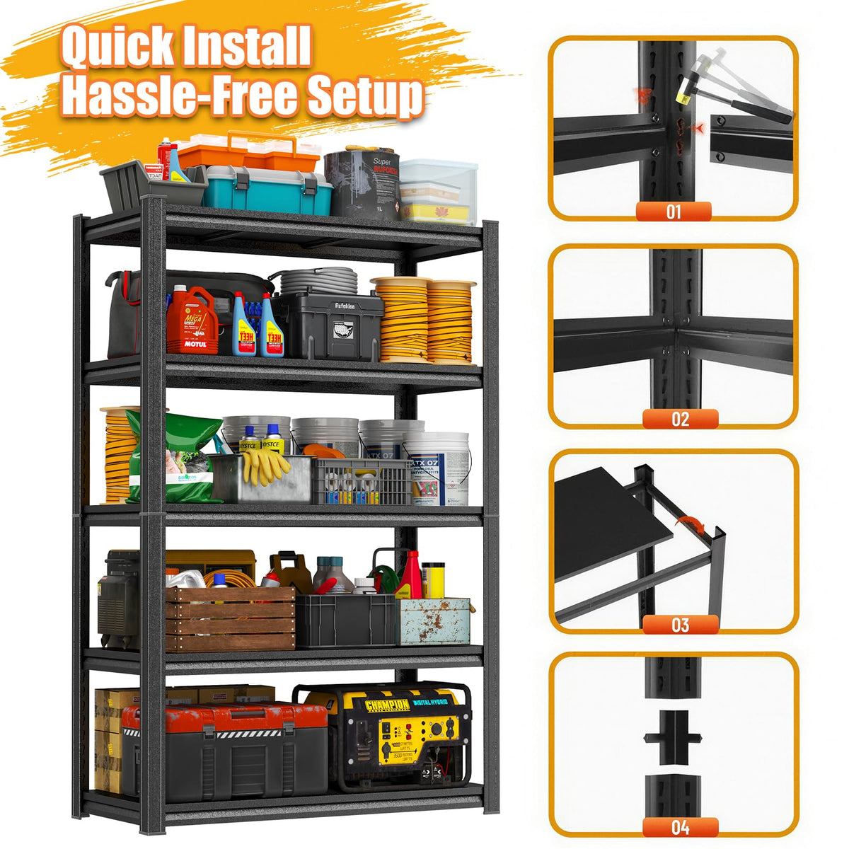 PRESTELION Garage Shelving 3000LBS Storage Shelves 5-Tier Adjustable Metal Shelving Units Garage Storage Shelves Heavy Duty for Industrial, Warehouse, Basement, Commercial, Black (78" H×45" W×16" D)