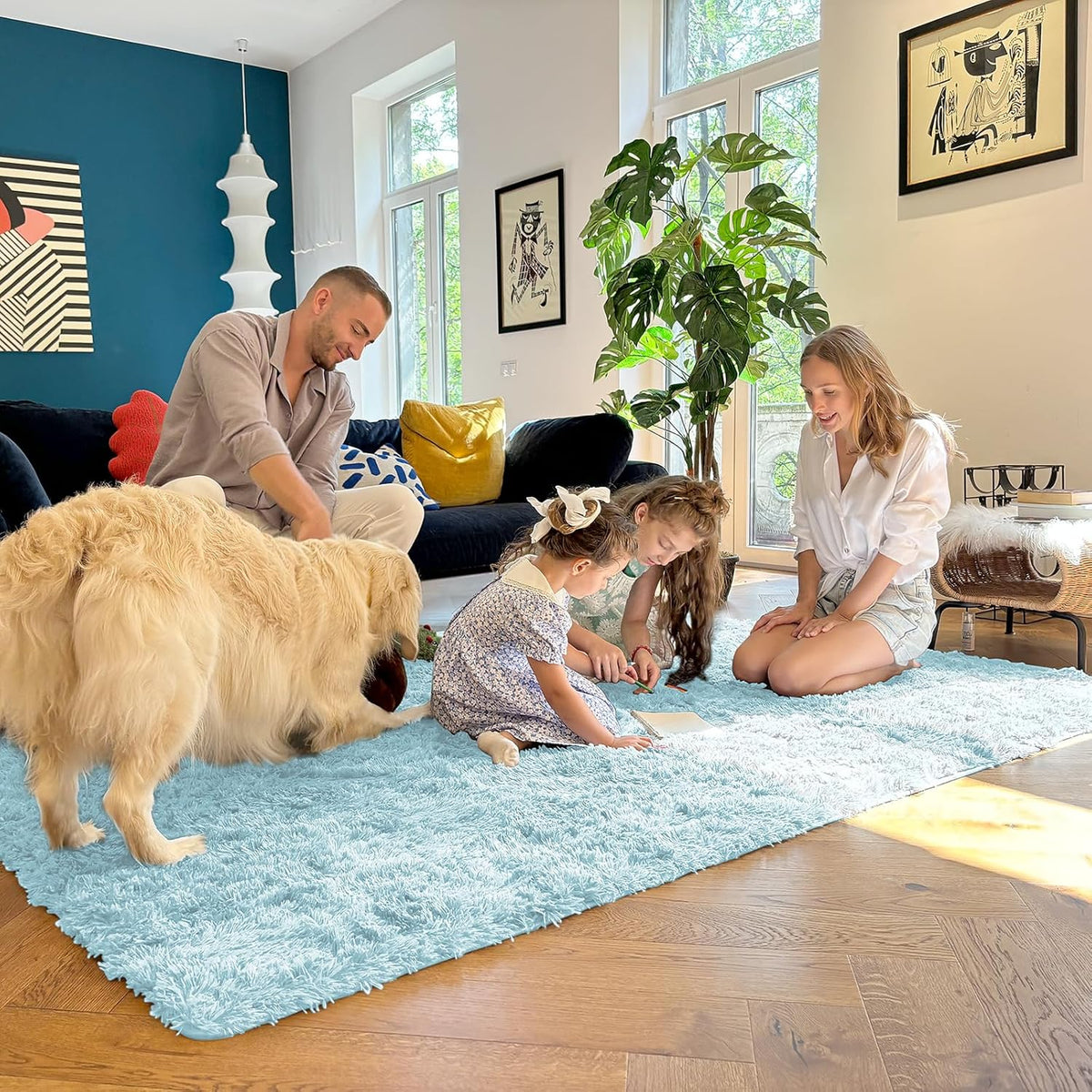 OLANLY Area Rug - Soft Fluffy Shaggy Design | Machine Washable 4x5.9 ft | Light Blue for Living Room & Bedroom