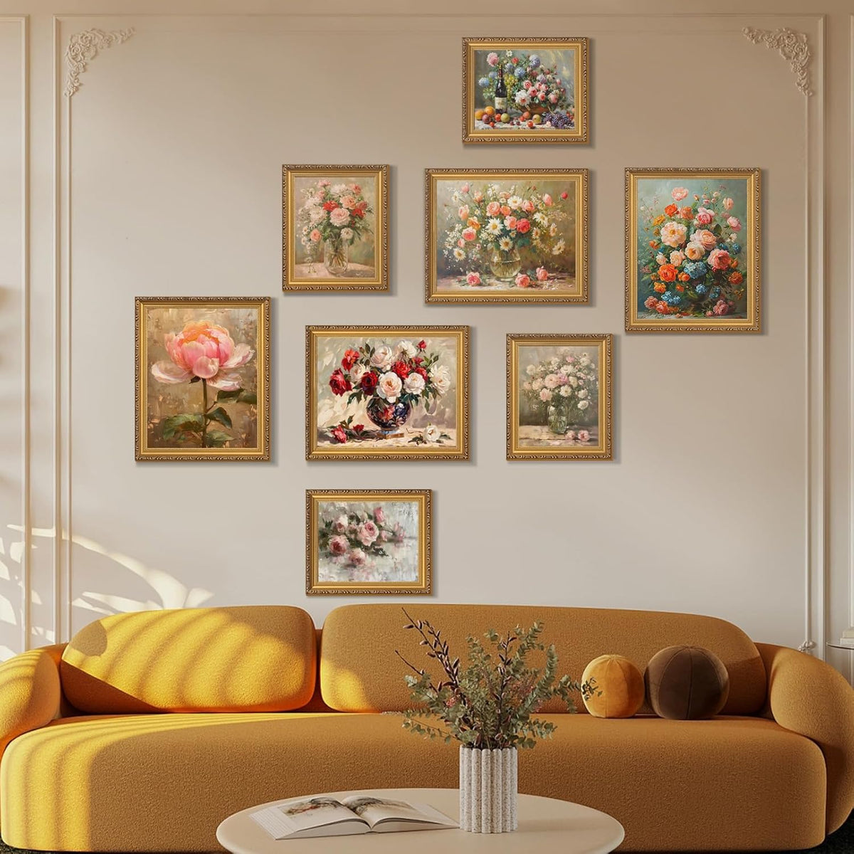 MIEVU Gold Vintage Framed Wall Art | Floral Canvas Prints for Living Room & Bedroom - 8x10in