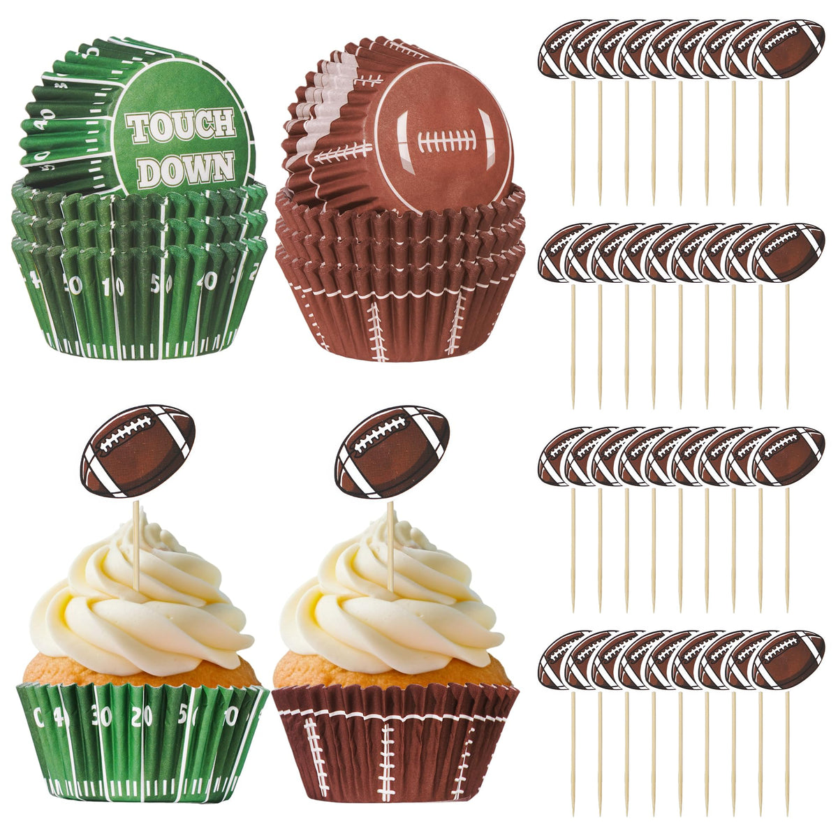 Glavatrix Football Cupcake Liners and Toppers, 200PCS Touch Down & Football Pattern Baking Cups Muffin Wrappers with 36PCS Cupcake Picks for Sports Game Day Baby Shower Birthday Party Cake Decorations