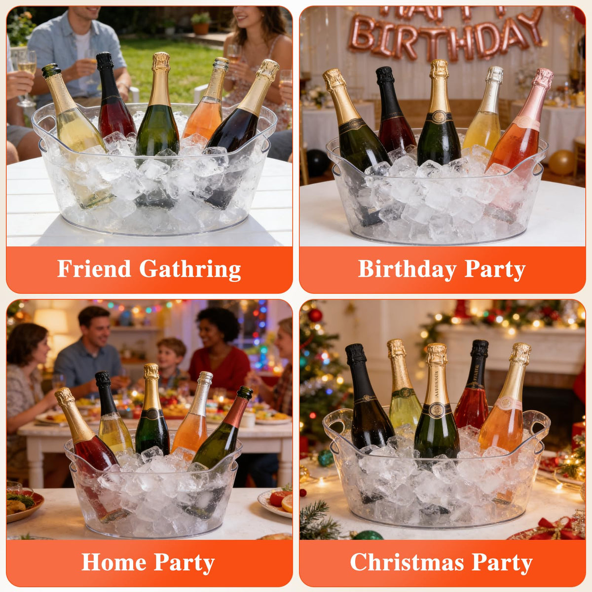 Berverra 6.5L Plastic Ice Buckets for Parties, 2-Pack Large Ice bucket Clear Beverage Tub Ice Container with Scoops, Champagne Bucket and Drink Buckets for Wine,Beer,Cocktails and Bar Supplies