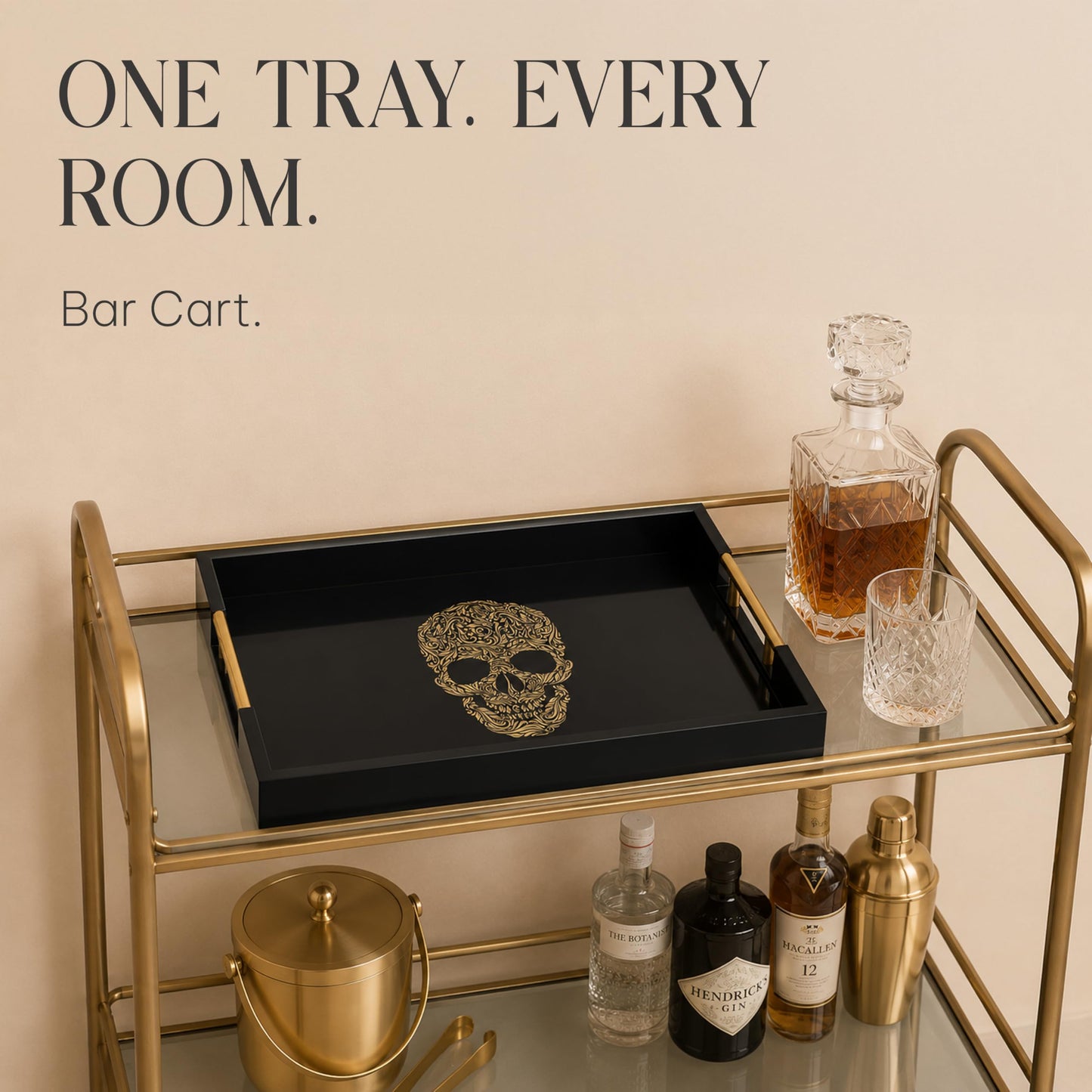 Gothic Skull Serving Tray with Gold Handles ā Black Gloss Wooden Ottoman Tray for Coffee Table, Bar, or Kitchen ā Elegant Gothic Decor & Unique Gift for Halloween, Horror & Alternative Style Lovers