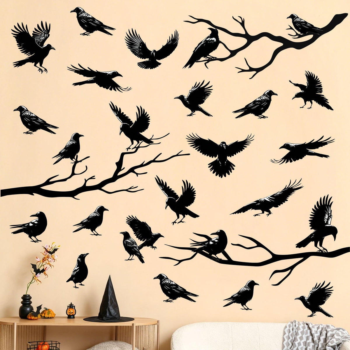 Halloween Raven Wall Decal Sticker Black Crow Window Cling Stickers Removable Tree Branch Wall Decals Peel and Sticker Home Office Glass Decor