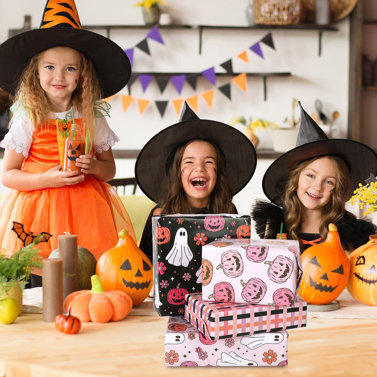 12 Sheets Halloween Wrapping Paper - Not Roll - Pink White Ghost Pumpkin Gift Wrap Paper Folded Flat Cute Art Paper for DIY Crafts, 19.7 x 27.6 Inch
