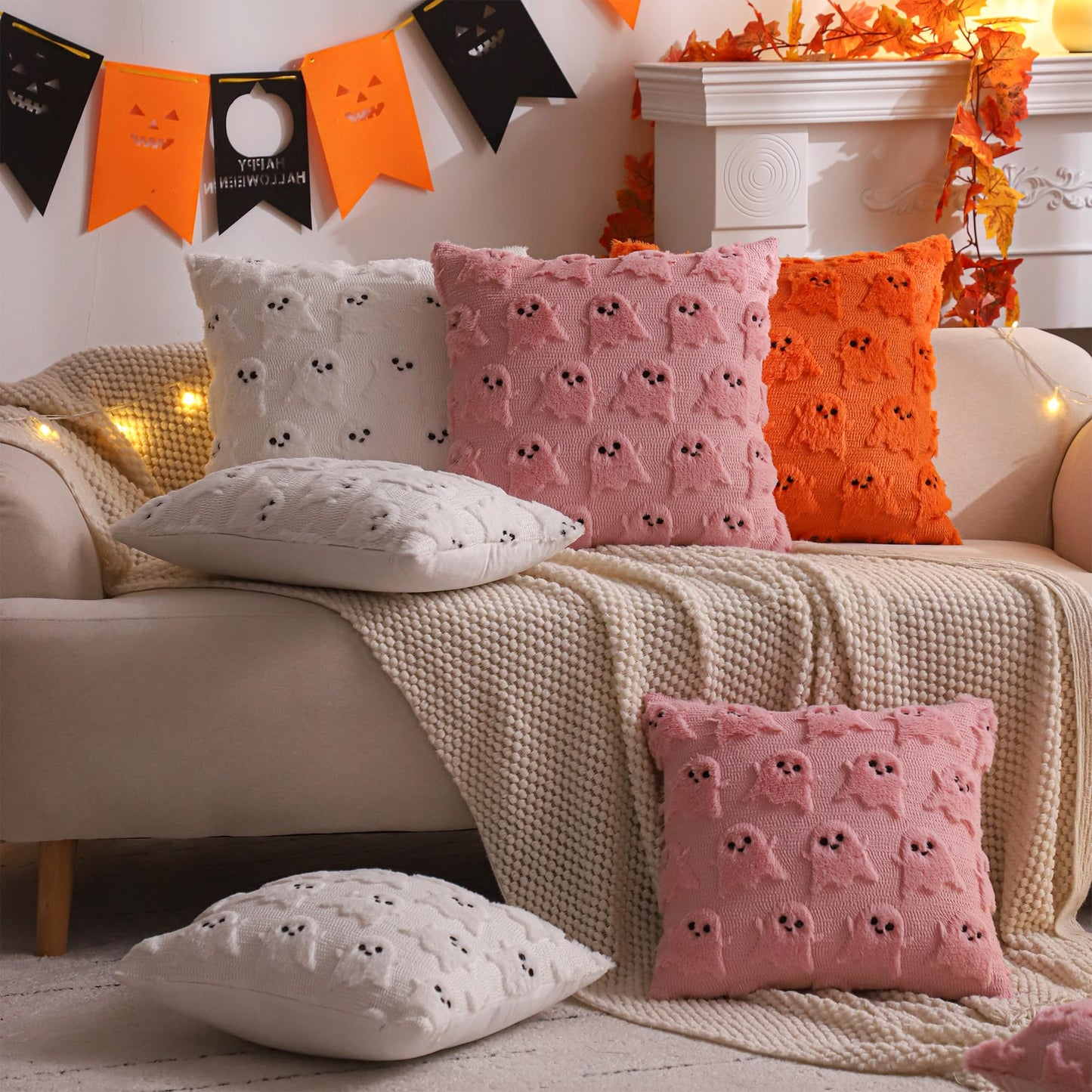 LUOYEHK Halloween Pillow Covers 16x16 Set of 2 White Ghost Decorative Pillow Cases Holiday Soft Plush Faux Fur Cushion Covers for Couch Sofa Bed