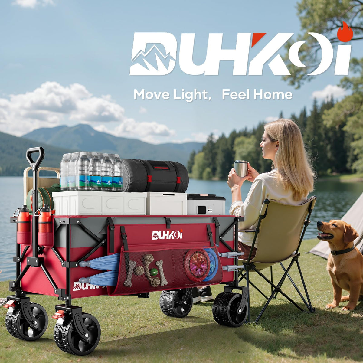49" L Collapsible Extended Wagon with 500lbs Weight Capacity,300L Heavy Duty Sports Wagon,Big All-Terrian Wheels with Cup Holders,Cart for Sports,Grocery,Shopping,(Rosepink)