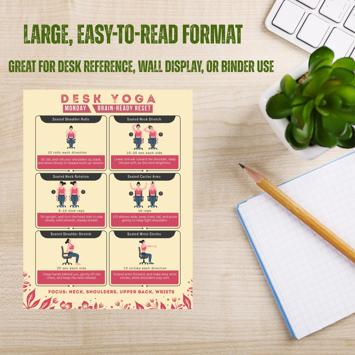 Auroscent Desk Yoga 7-Day Seated Stretching Routine ā Chair Yoga Workout Charts, Office Exercise Program for Neck, Shoulders & Back, Daily Mobility & Stretch Guide for Home or Work