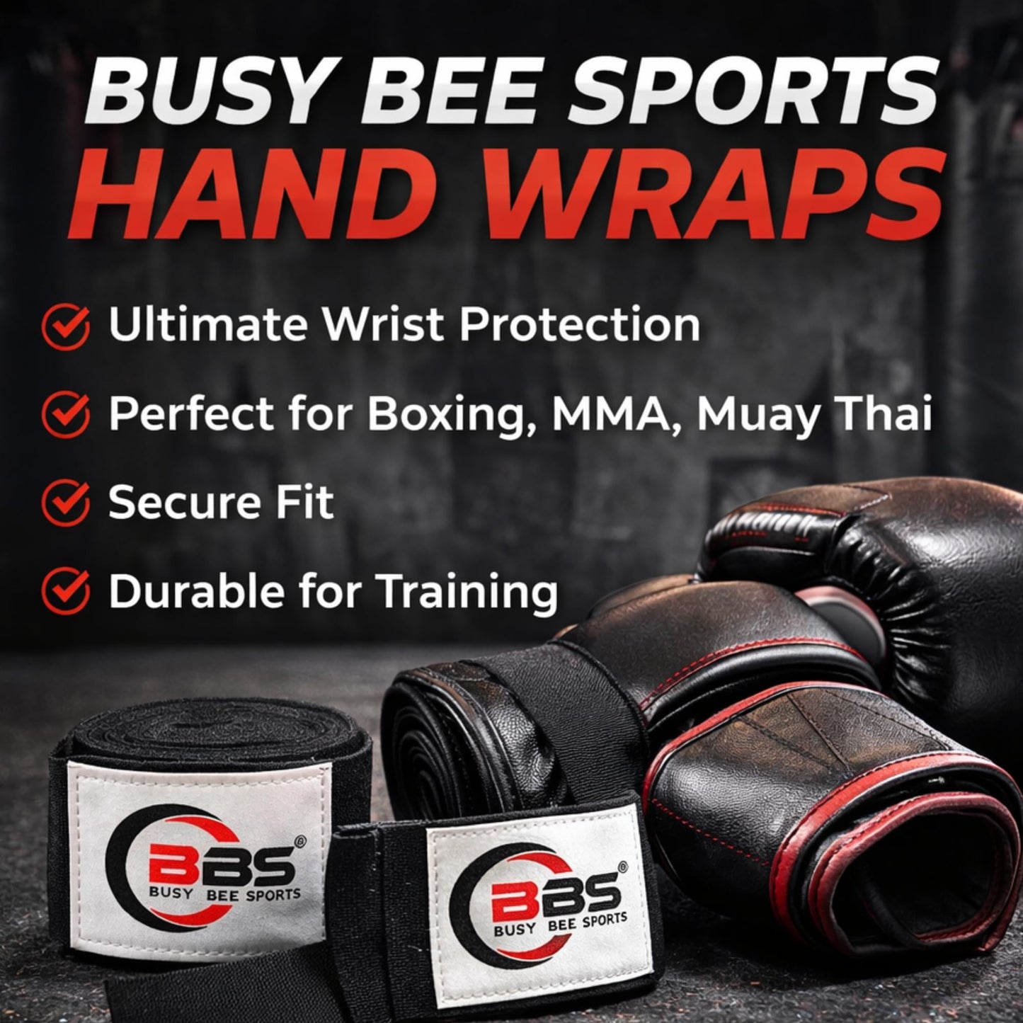 Busy Bee Sports Boxing Hand Wraps 180" β Elastic Cotton MMA, Muay Thai & Kickboxing Wraps β Thumb Loop & Hook & Loop Closure β Wrist & Knuckle Support (Pair)