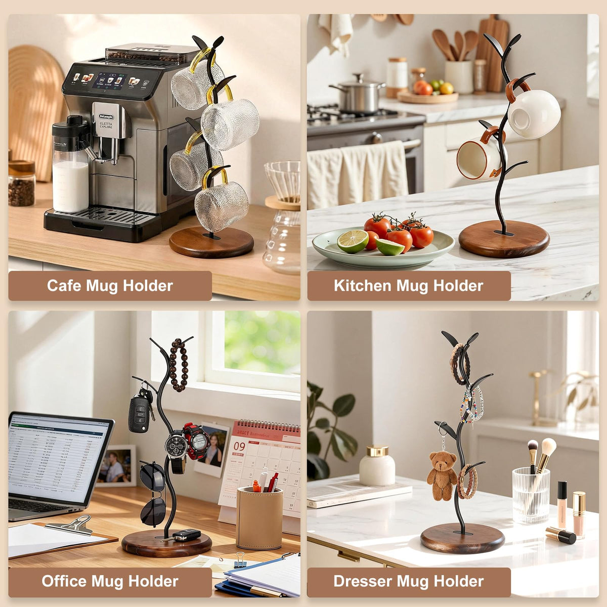 Noeixrah Mug Tree Holder, Bronze Metal Leaf Branch & Solid Wood Base Mug Holders, Countertop Coffee Mug Trees Organizer for Kitchen, 4 Hooks, Sleek Modern Decor for Coffee Station