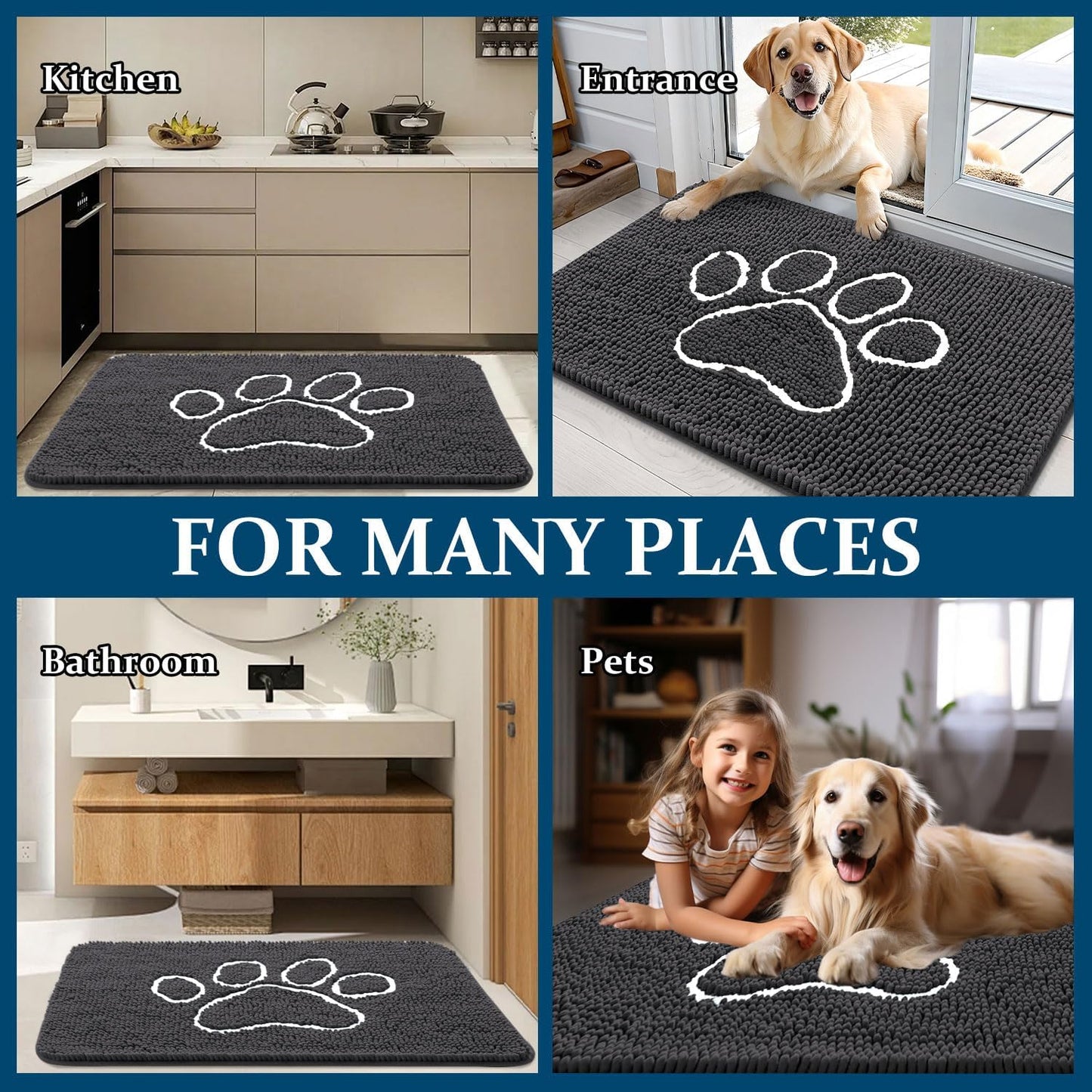 OLANLY Dog Door Mat - Absorbent Non-Slip Chenille for Muddy Paws | 70x32 Dark Grey Paw Print Design