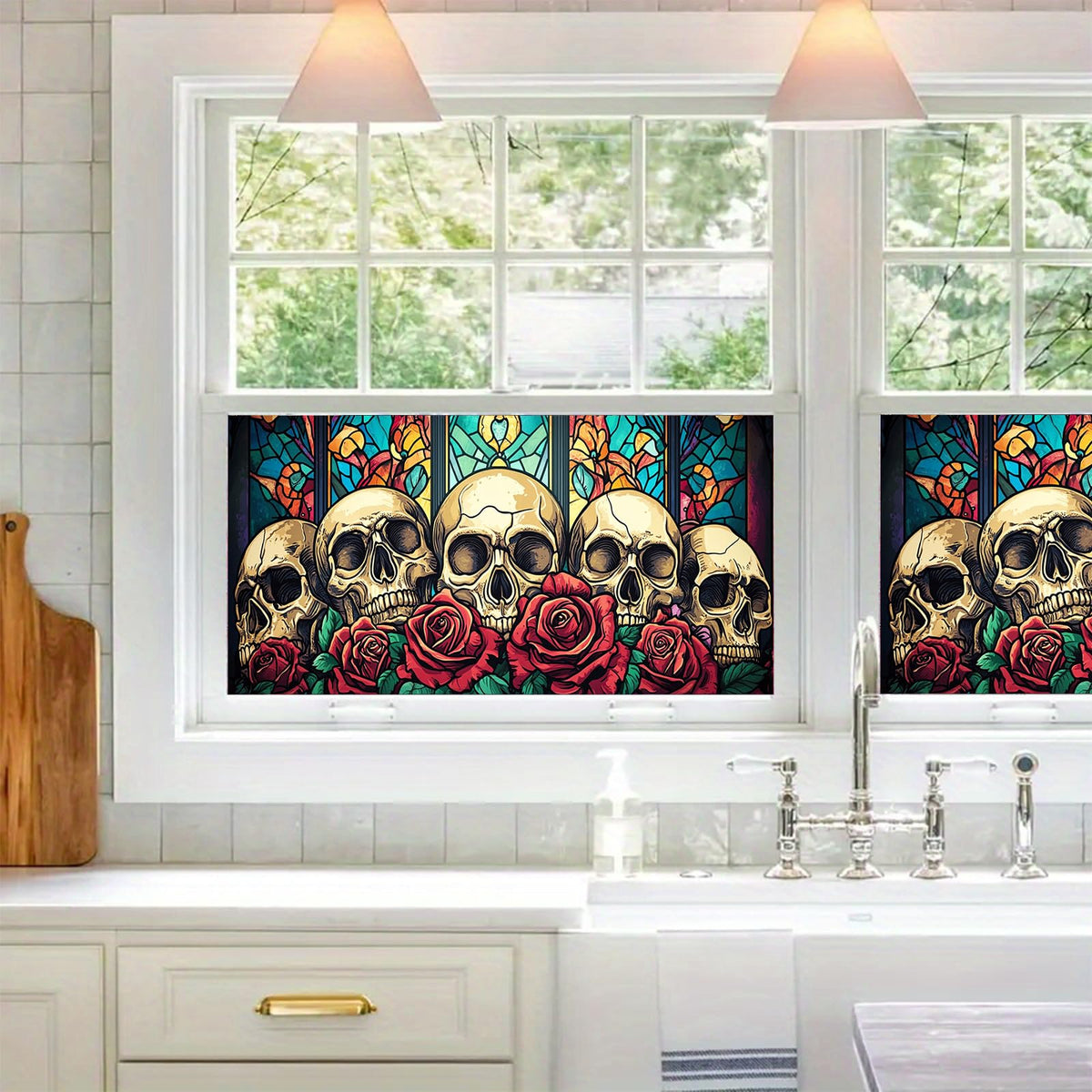 HOMETITUTE Skull Window Film 39.3x17.7 Inch Gothic Skull Window Sticker Halloween Skull Decoration Rose Windows Cling for Haunted House Day of The Dead Horror Windows Glass Cover