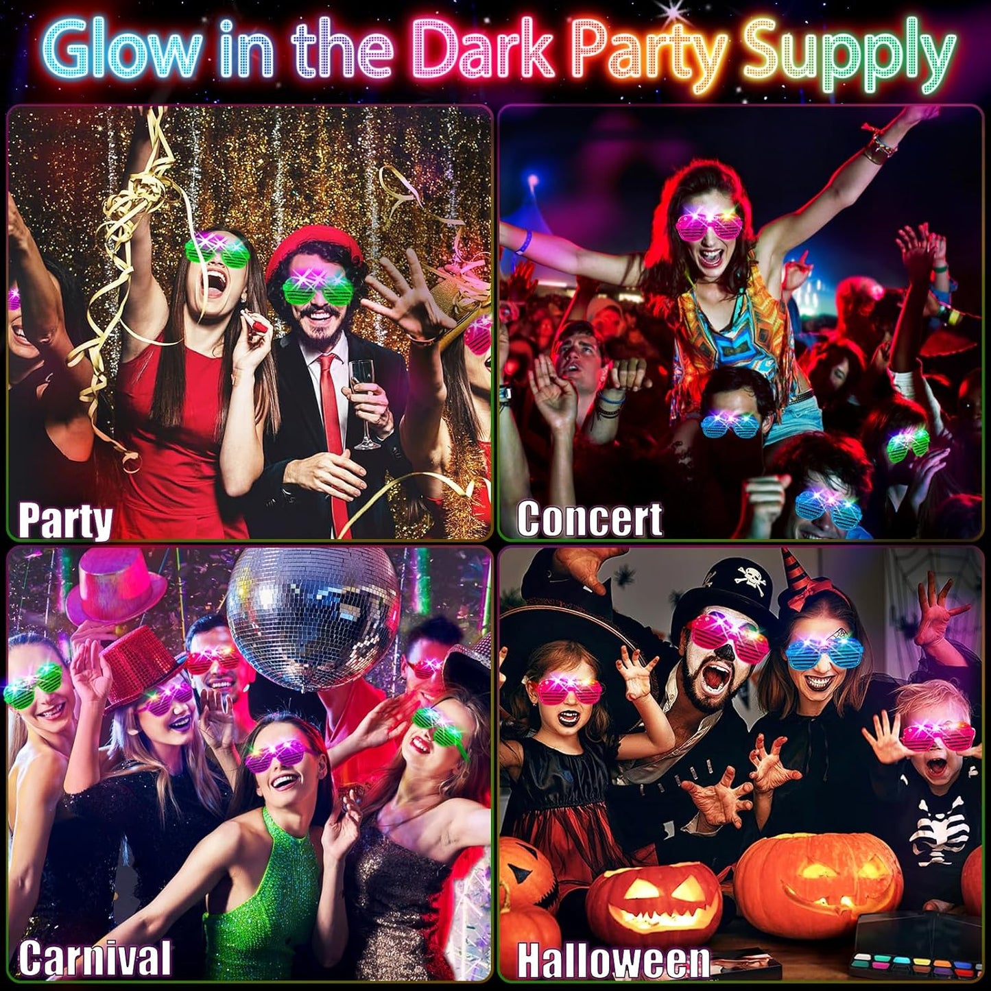 SHQDD LED Glasses - 64 Pack Light-Up Neon Sunglasses in 5 Colors | Glow in the Dark Party Accessories
