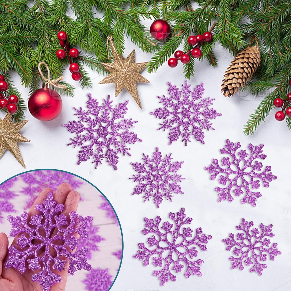 Skiennix 36pcs Christmas Light Purple Snowflake Ornaments - Plastic Hanging Decor for Holiday Home & Parties