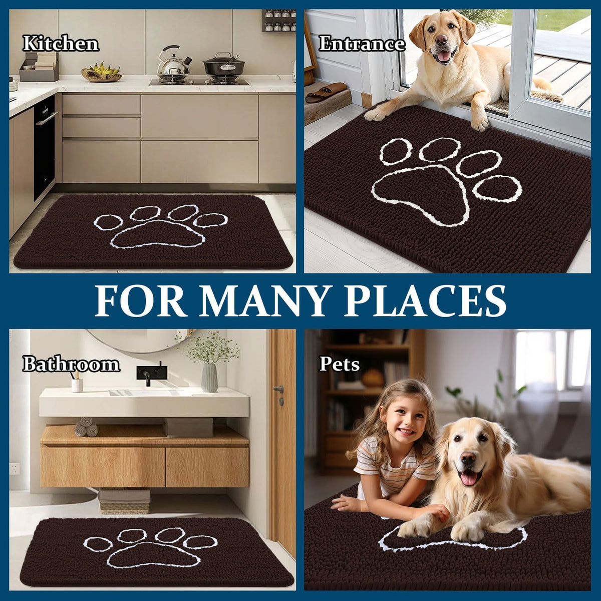 OLANLY Dog Door Mat - Absorbent Non-Slip Mud Mat for Paws | 47x24 Inch, Quick-Dry Chenille, Brown
