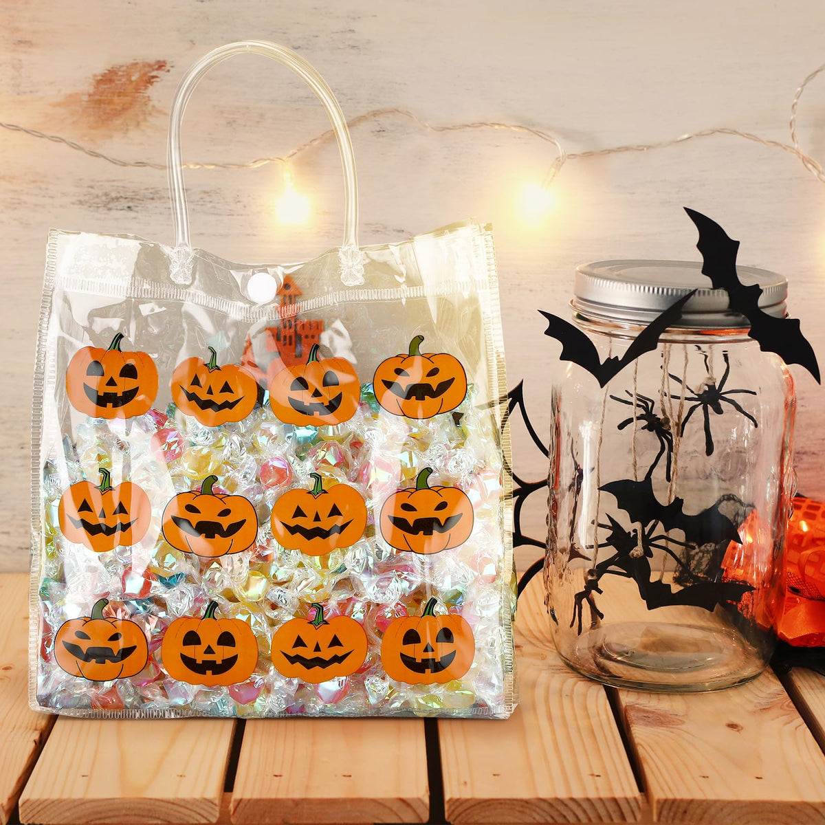 Kosiz 24 Pcs Halloween Clear Gift Bags Pumpkin Goodie Bag Halloween Party Favors PVC Treat Bags Bulk with Handle for Candy, Autumn Thanksgiving Party Supplies