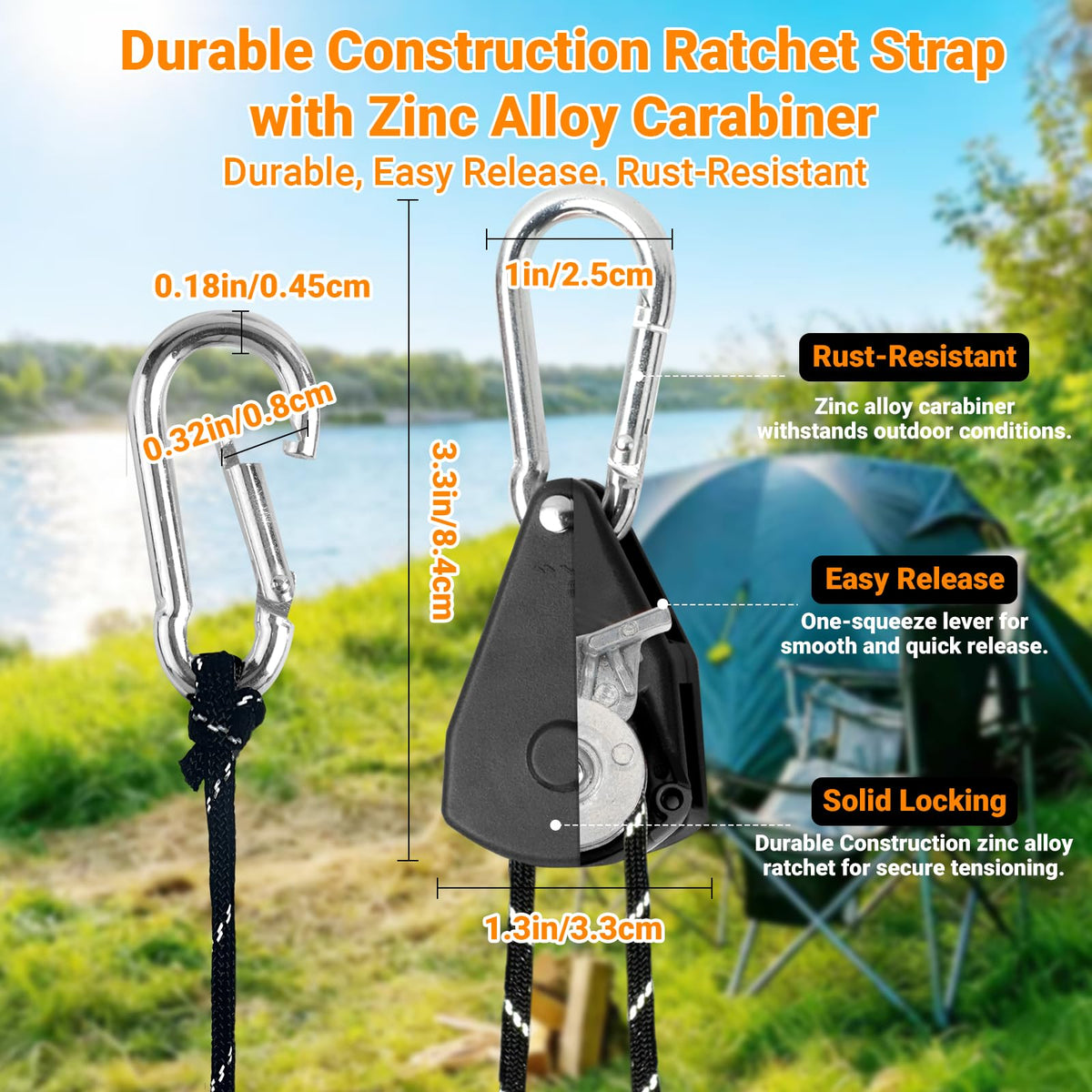 Longer 15ft Paracord Rope Tie Down Ratchet Strap Small Reflective Portable Adjustable Fix Camping Rope Tent Tarp Tie Downs Grow Plant Light Hangers Pulley Tightener Tensioner Adjuster 1/8in 4Pack