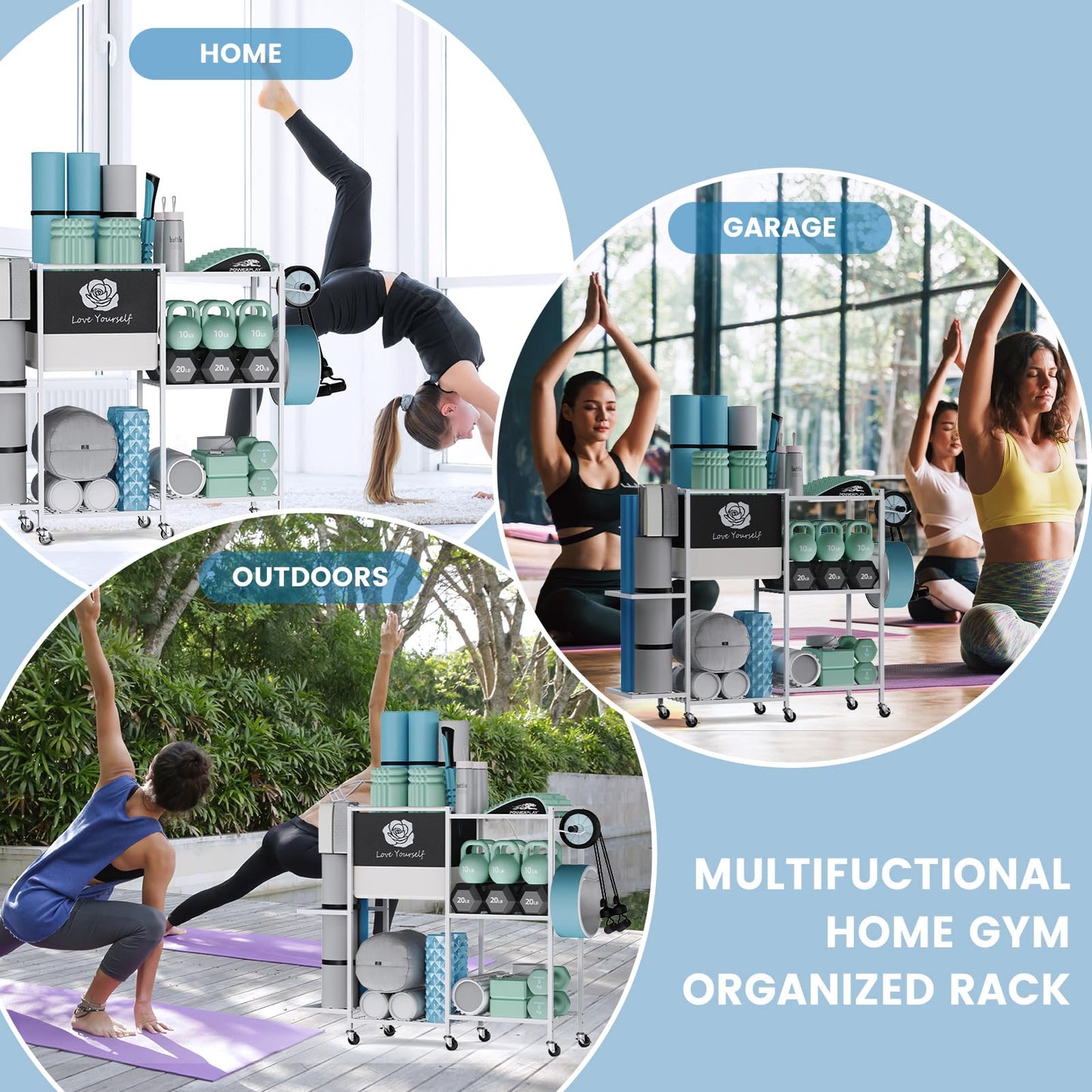 Yoga Mat Storage Rack,Home Gym Storage Rack Gym Workout Equipment Storage Organizeron Wheels for Yoga Mat,Yoga Block,Foam Roller and Workout Accessories (Beige)