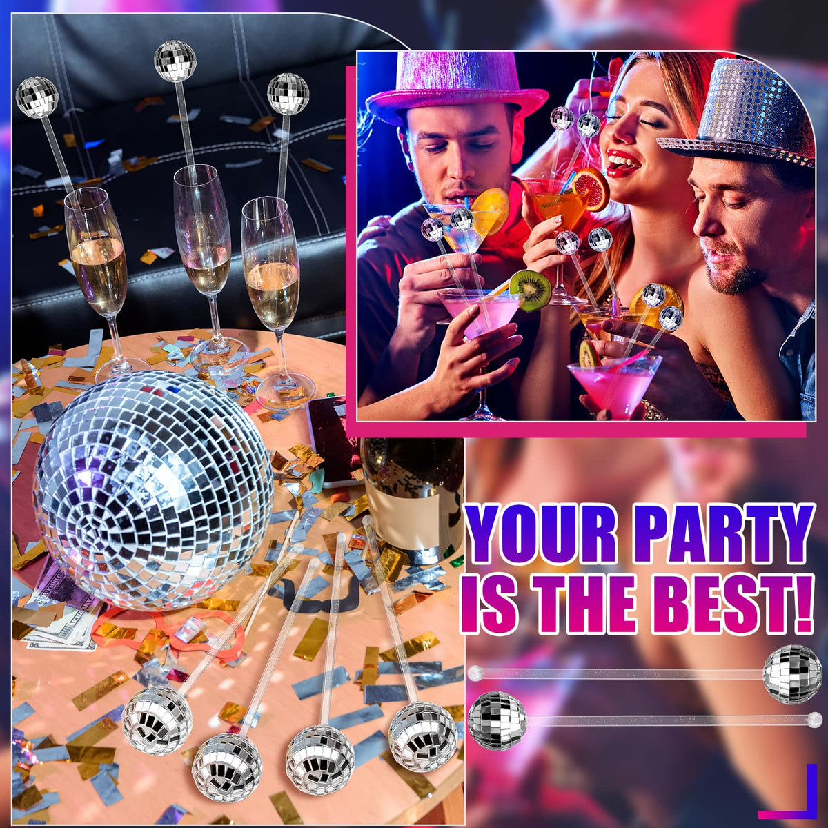 Sawysine 48 Pcs Disco Party Decorations Disco Ball Cocktail Stirrers 8 Inch Silver Mirror Ball Stir Sticks Beverage Coffee Drink Stirrer for 70s 80s Bachelorette Wedding Birthday Party(Silver)