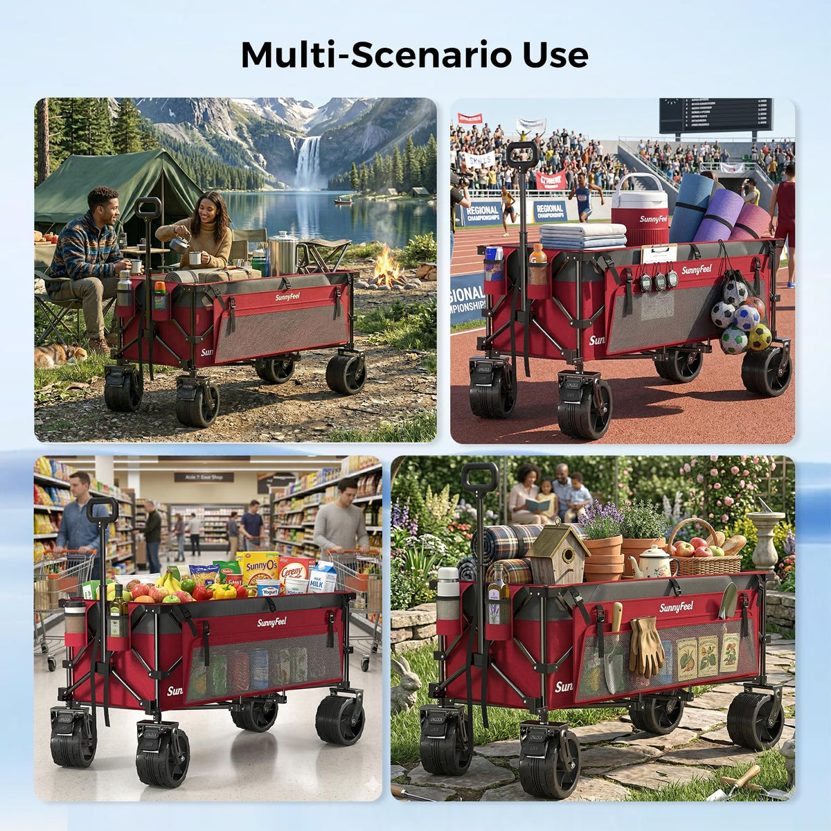SUNNYFEEL 49" L Foldable Wagon Cart with Big Wheels - 550lbs Heavy Duty Extra Long Collapsible Shopping Cart - Utility Grocery Wagon for Garden Sports Camping Outdoor Activities (Red)