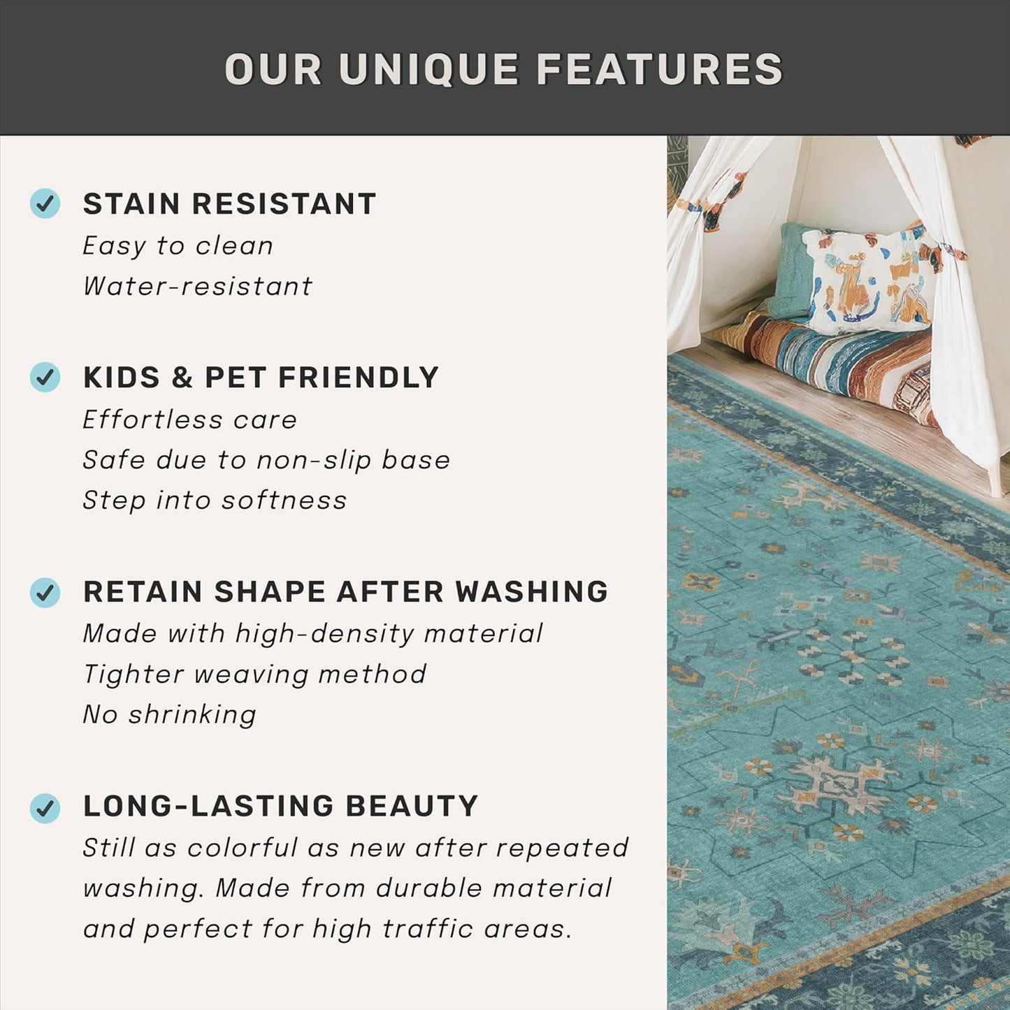 Skiennix Washable Large Teal Boho Living Room Rug - Soft Floral Design, Non-Slip & Stain Resistant, 10x12