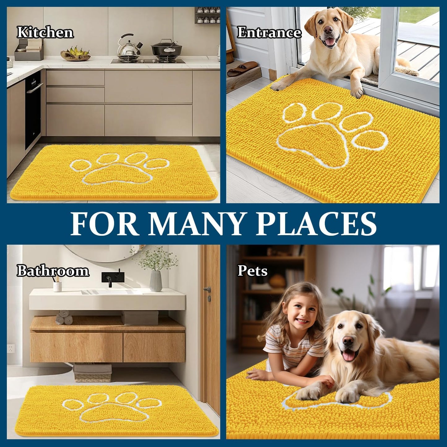 OLANLY Dog Door Mat - Absorbent Non-Slip Muddy Paws Mat | Quick Dry Chenille, 48x30, Yellow