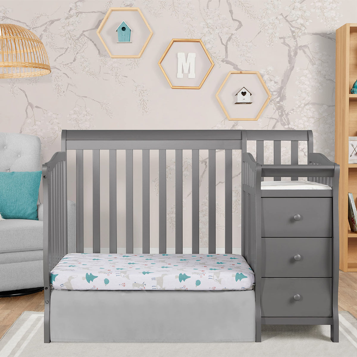 Dream On Me Jayden 4‑in‑1 Mini Convertible Baby Crib & Changer with Storage, Steel Grey, Pinewood, GreenGuard Gold & JPMA, 1” Mattress Pad, 3 Mattress Heights, Converts to Mini Day & Twin-Size Bed