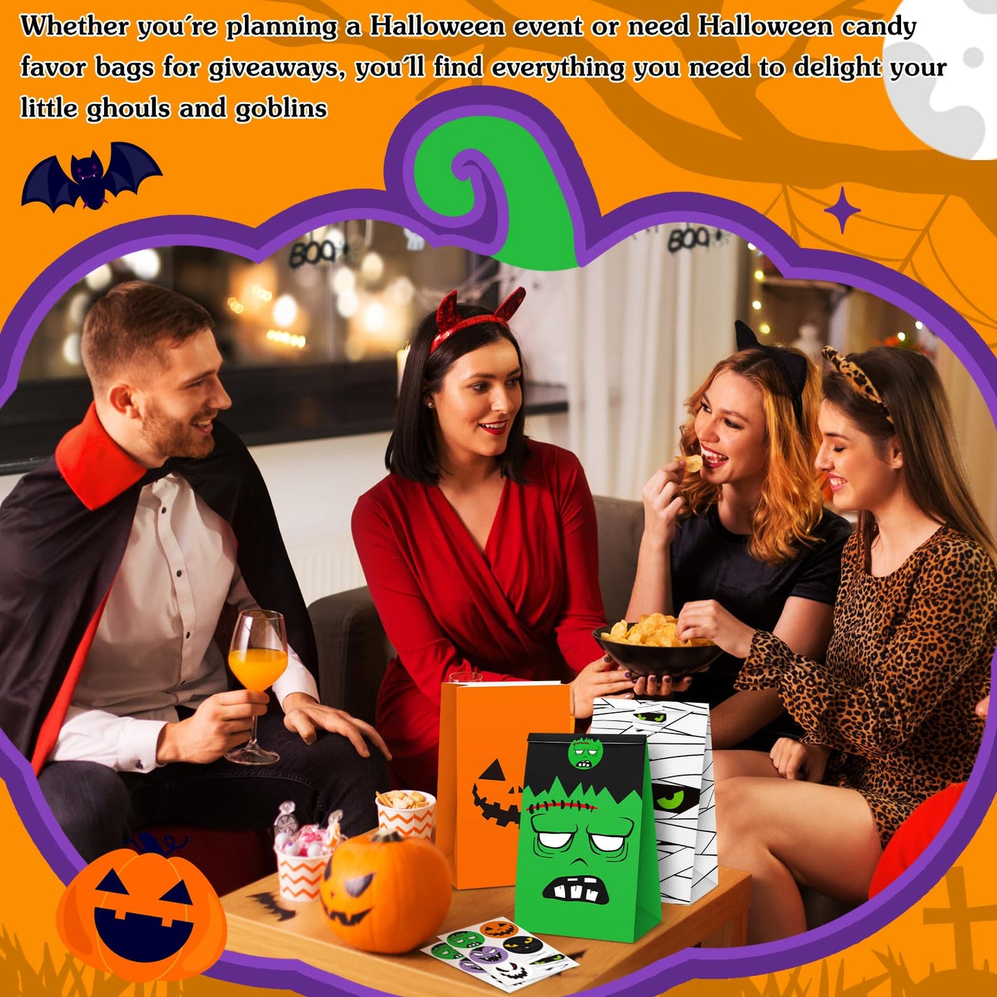 TaoBary Halloween Treat Bags Cute Trick or Goody Bags Halloween Paper Favor Bag with 6 Assorted Designs Stickers for Trick or Goody Birthday Party Event Supplies(60 Pcs)