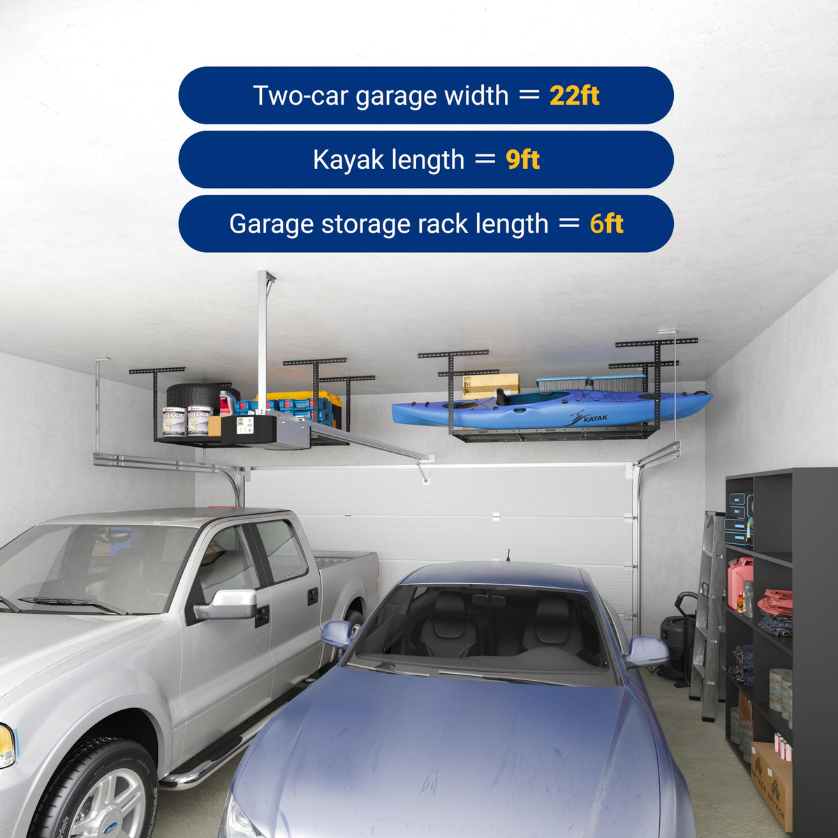 FLEXIMOUNTS 3x6 Overhead Garage Storage Adjustable Ceiling Rack 72" Length x 36" Width x 40" Height, 450lbs Weight Capacity, Black, Classic Series