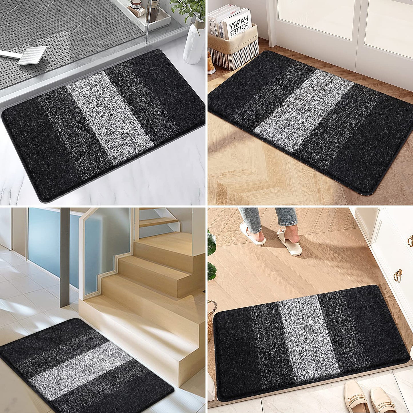 Kitinjoy Indoor Outdoor Door Mat, 40x32 Non-Slip Absorbent Dirt Trapper, Low-Profile Washable Inside Entrance Front Floor Mat, Sturdy Soft Entry Doormats for Entryway, Black