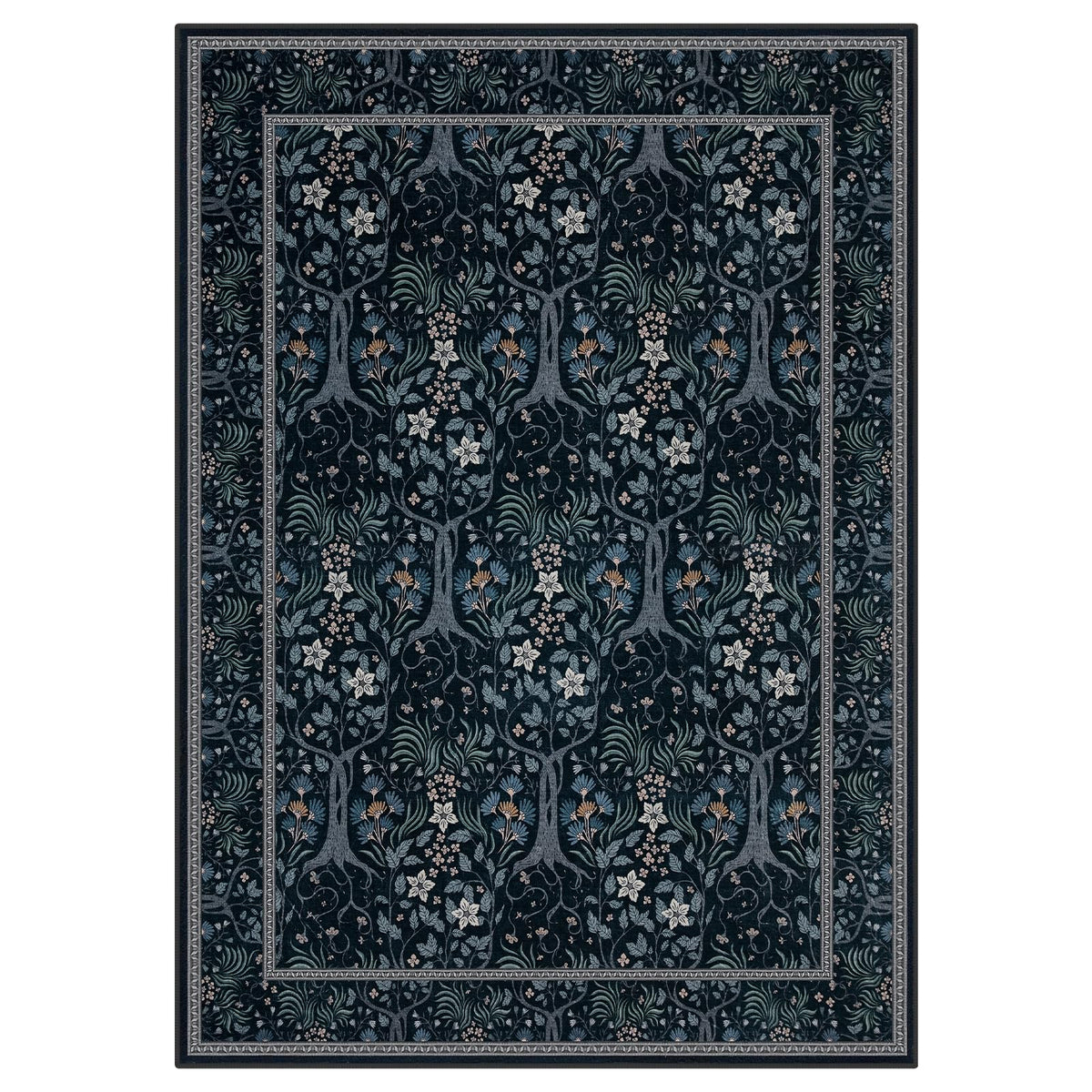 Joydeco Machine Washable Area Rugs 5x7, Boho Floral Rug for Bedroom Non Slip, Soft Forest Botanical Low-Pile Floor Indoor Throw Carpet for Living Dining Room Dorm Office, Black