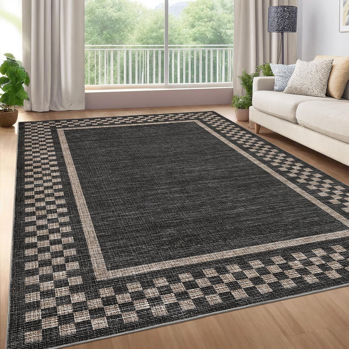 Small Bedroom Area Rug 3x5 Checkered Area Rug for Living Room Nursery Non Slip Kitchen Throw Carpet Low Pile Modern Bordered Rugs Washable Bathroom Mat Soft Brown Rugs for Laundry Entryway, Black