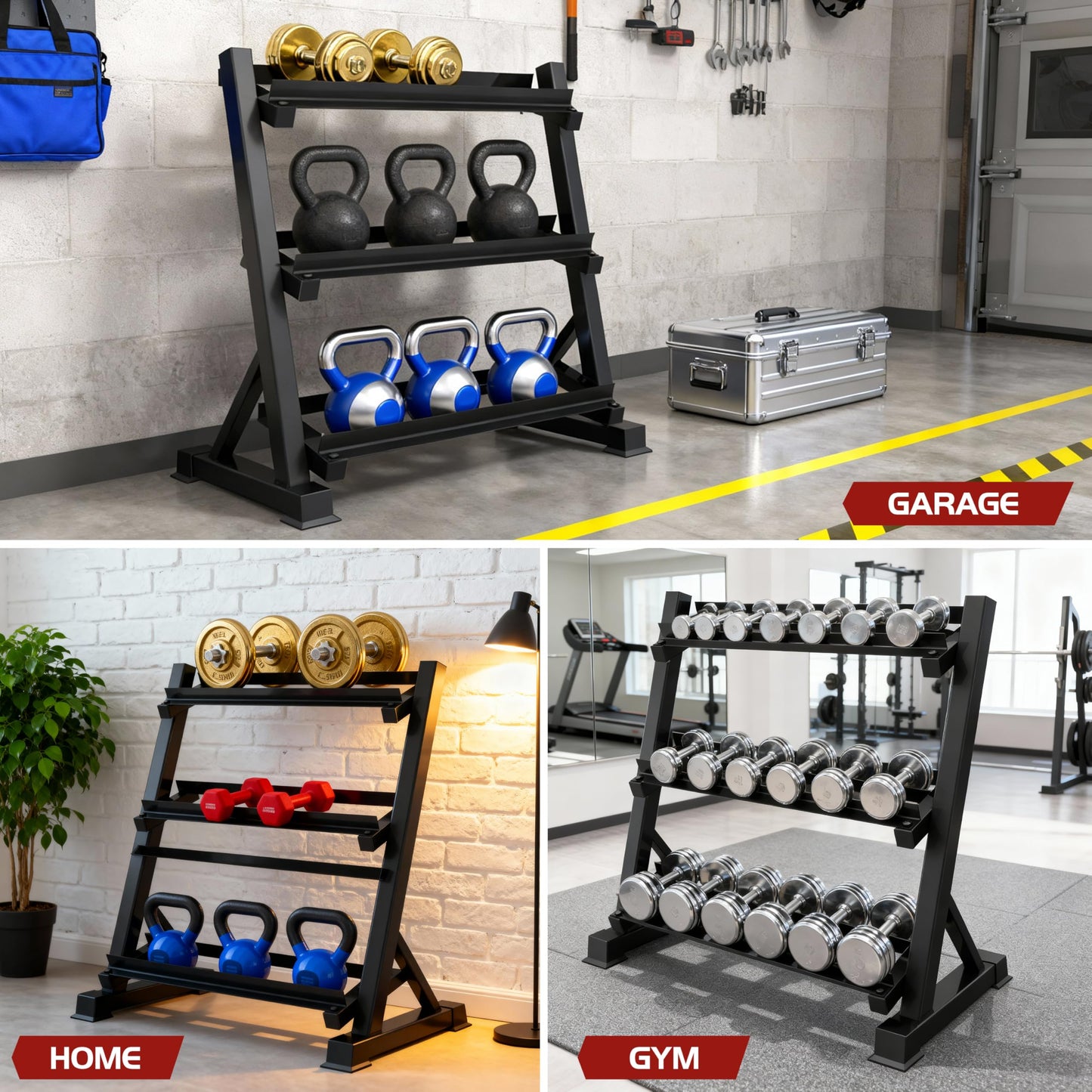 JDGG Dumbbell Rack Adjustable 3-Tier Weight Stand for Home Gym, 1100LB Capacity Heavy Duty Weight Storage Rack for Dumbbells, Kettlebells