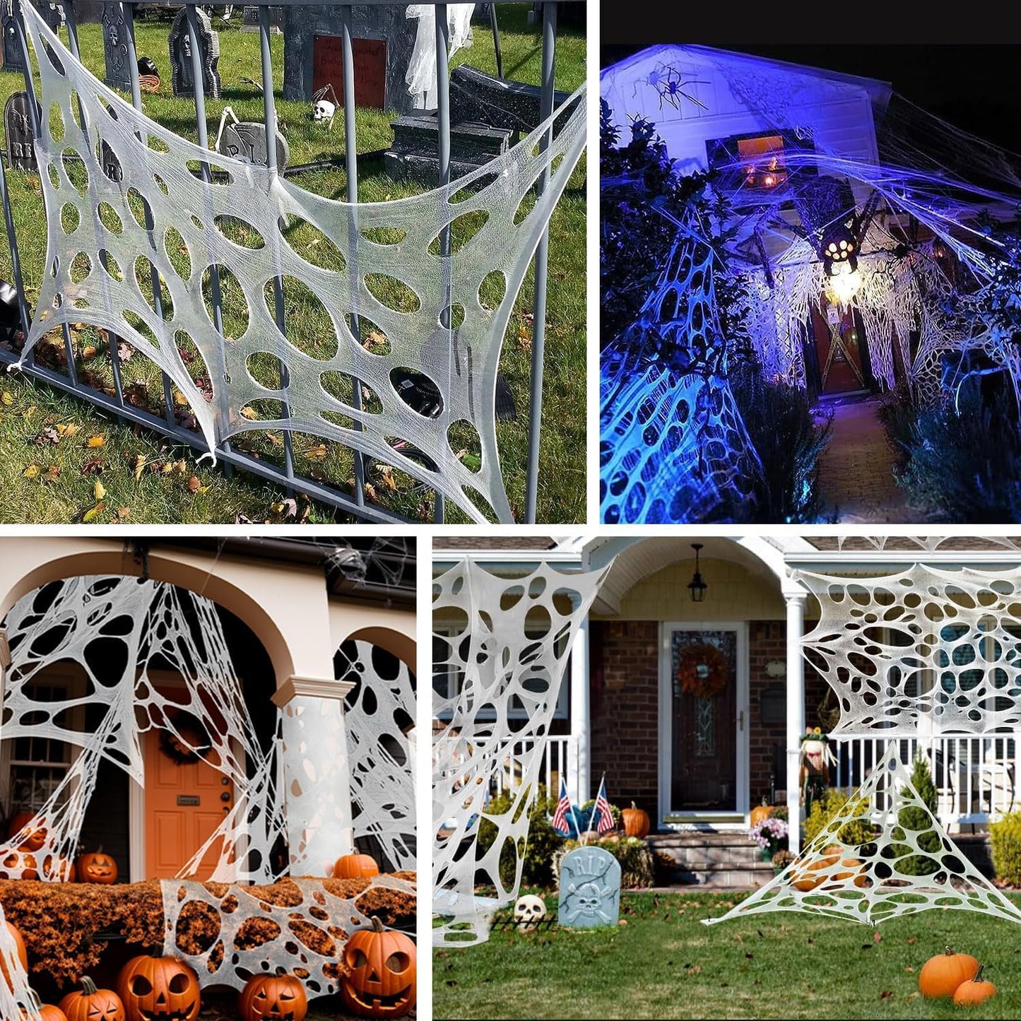 wymulot 1600 Sqft (After Streched with Holes) Uncut Giant Spider Web Halloween Decorations Outdoor with 10 Ground Nails Stretchy Beef Cloth Netting Cut-Your-Own Flexible Elastic for Yard Party Decor