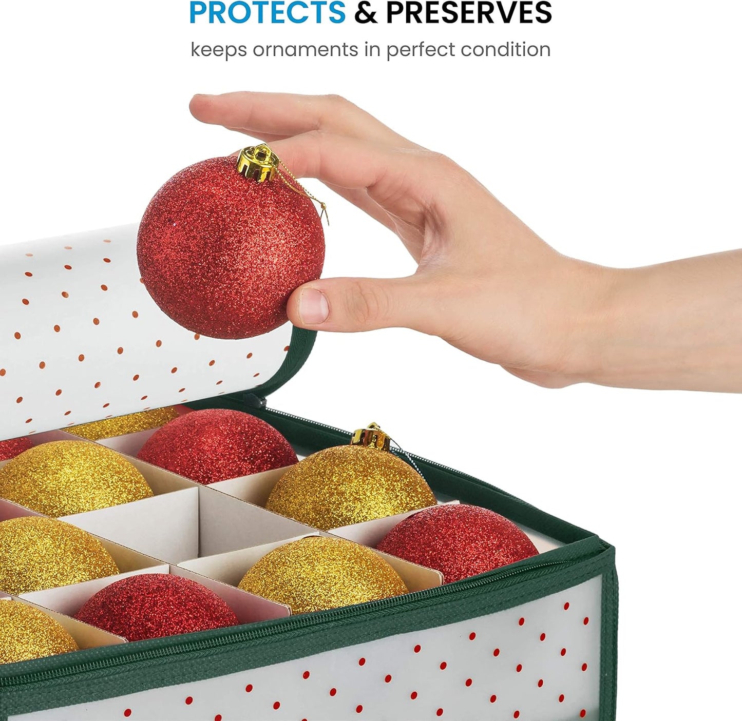 ZOBER Christmas Ornament Storage Box - Durable Organizer for 128 3" Ornaments | Green with Individual Trays