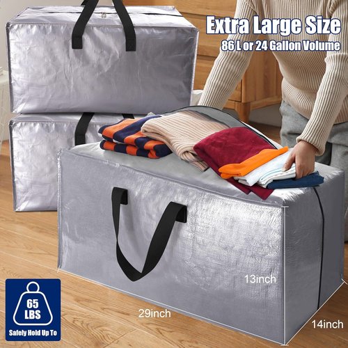 Cosy Family Extra Large Moving Bags - Heavy Duty Storage Totes with Backpack Straps & Zippers | Set of 8, Silver