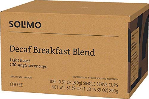 Solimo Decaf Coffee Pods - Breakfast Blend for Keurig 2.0 | 100 Count Light Roast