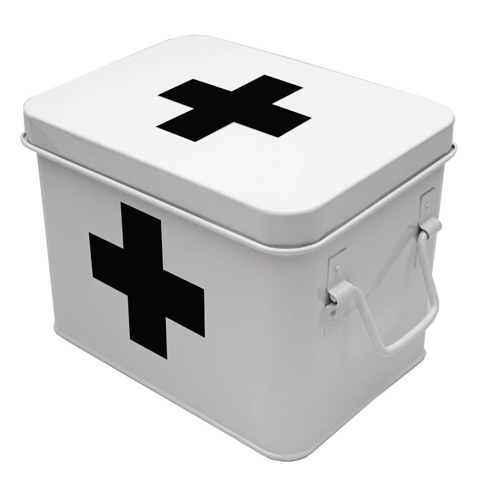 Lassos Boutique Retro Enameled First Aid Box for Medicine Storage and Home Decor with Lid and Removable Tray (White/Black)